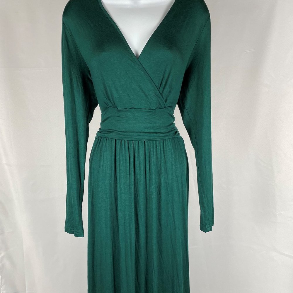 NWT OUGES Womens Long Sleeve V-Neck Wrap Waist Maxi Dress Green